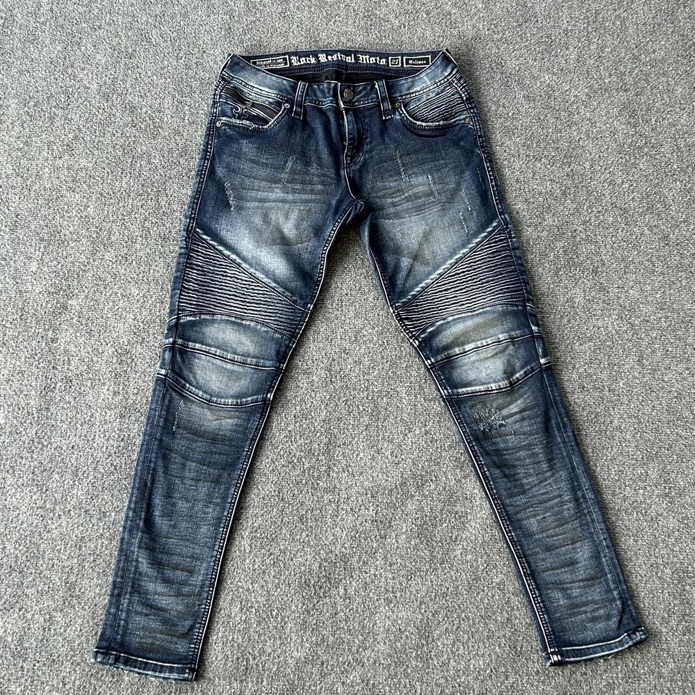 Rock Revival Moto Nelrose Jeans Womens 27 Blue Mid Rise Skinny Denim Distressed‎